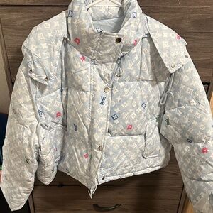 Monogram Quilted Puffer Jacket in Light Denim Blue size M